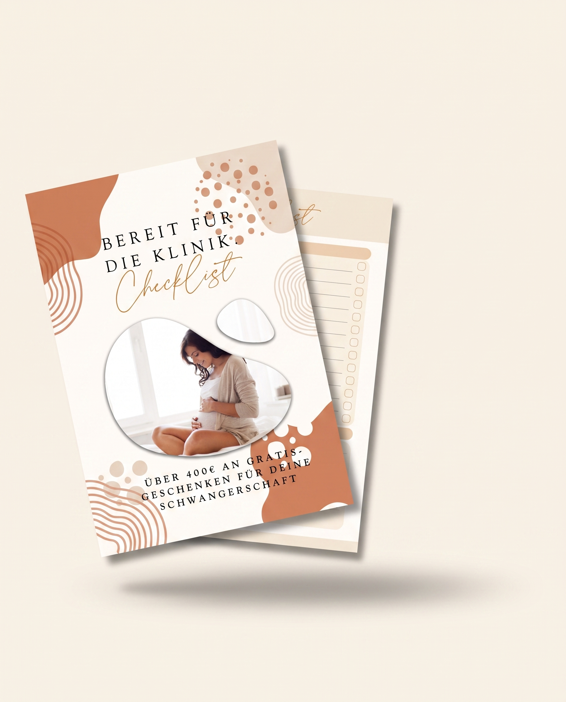 Bereit für die Klinik Checkliste, aufgeschlagen mit der Gratis-Geschenke-Übersicht