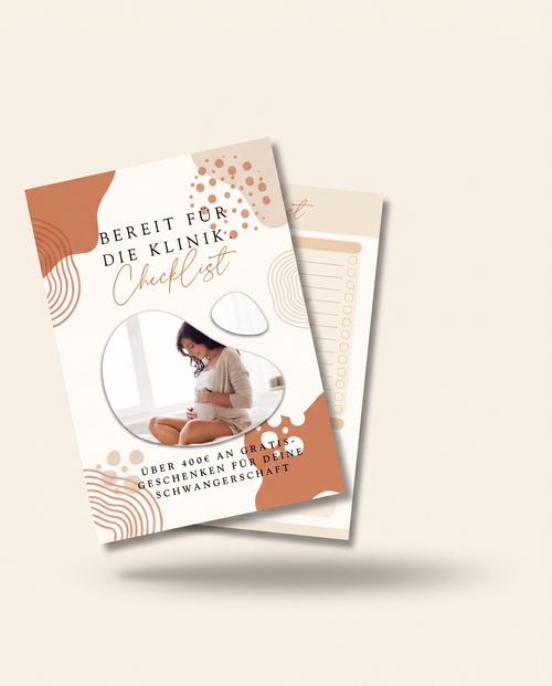 Bereit für die Klinik Checkliste, aufgeschlagen mit der Gratis-Geschenke-Übersicht