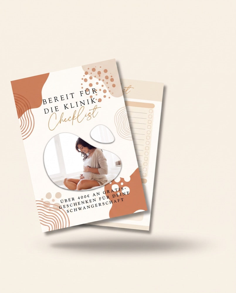 Bereit für die Klinik Checkliste, aufgeschlagen mit der Gratis-Geschenke-Übersicht